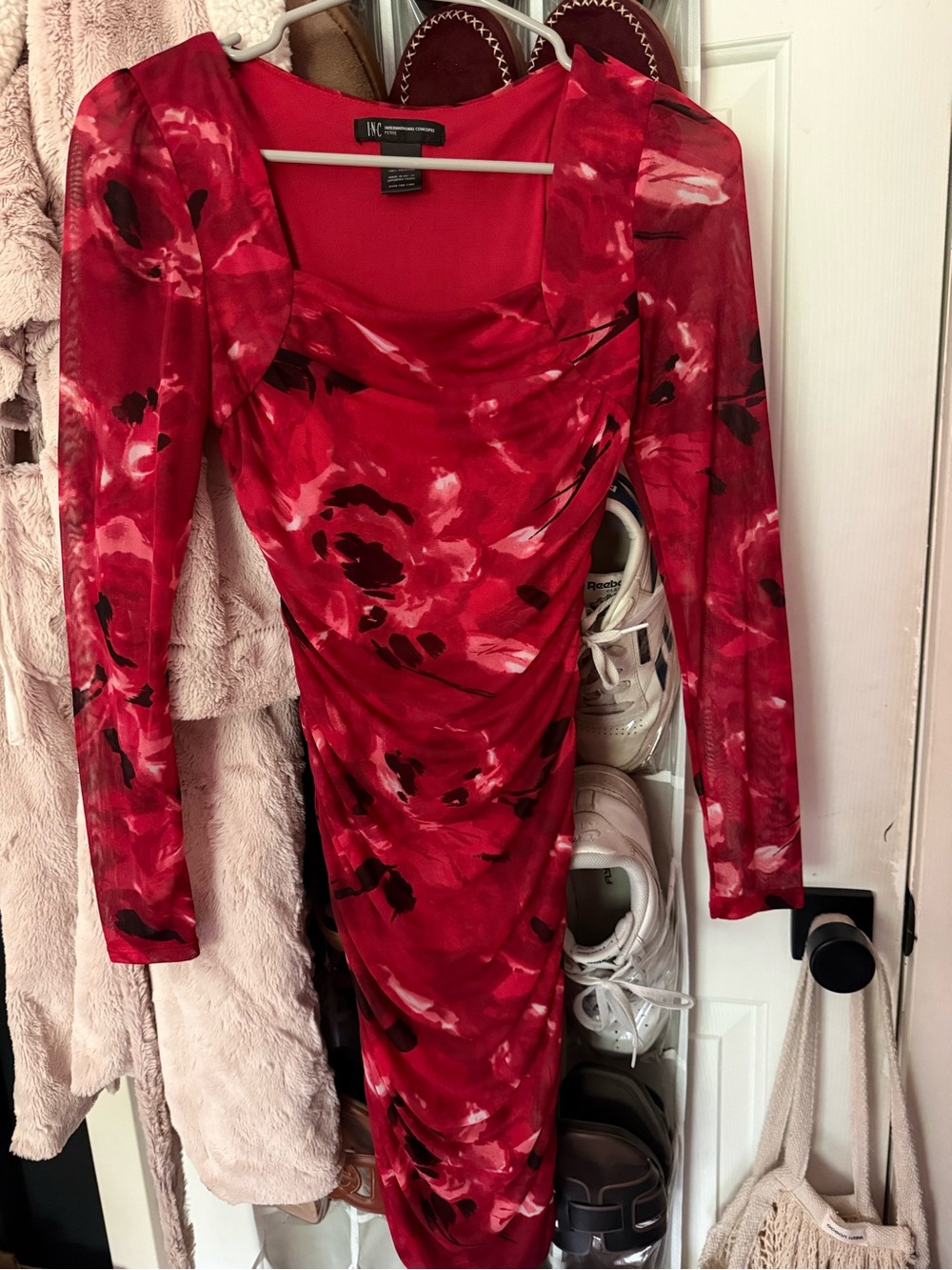 INC International Concepts Red and Black Floral Long-Sleeve Ruched Dress